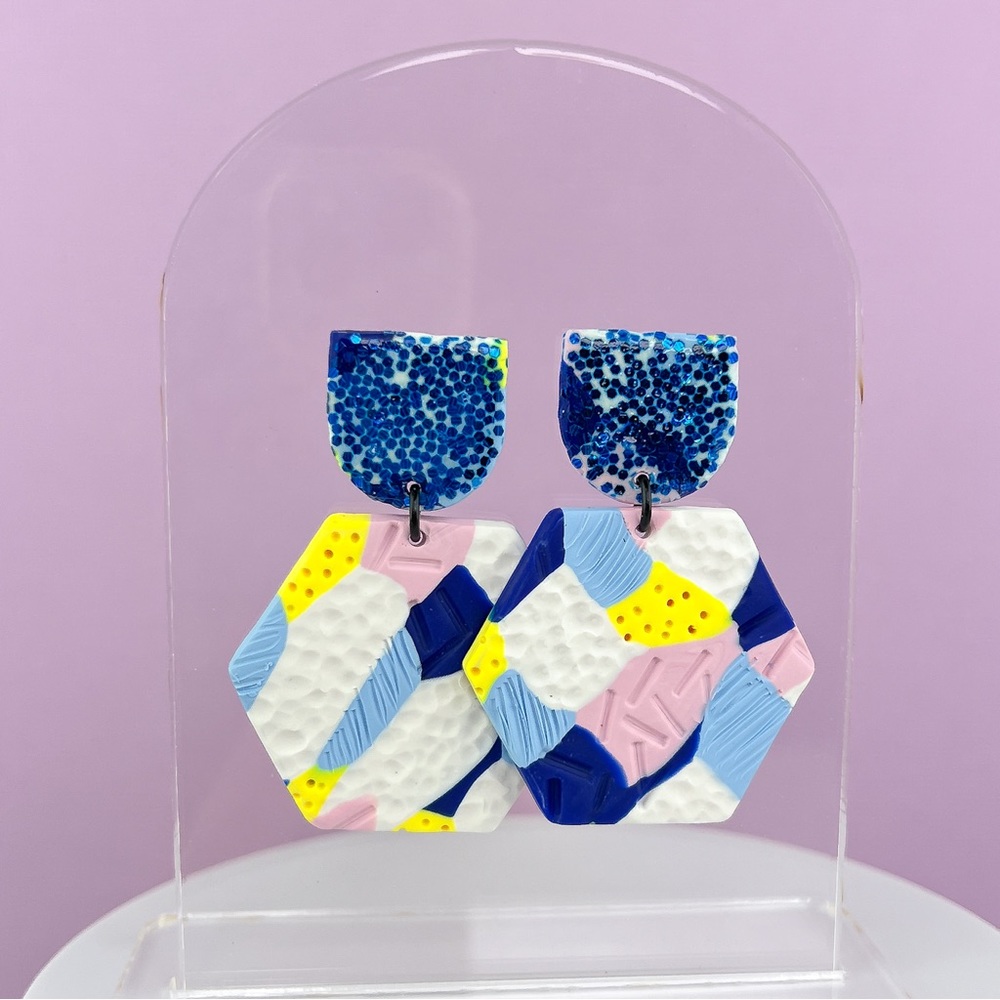 Abstract Textured Design Glitter Hexagon Dangle Handmade Clay Earrings - Picture 6 of 11